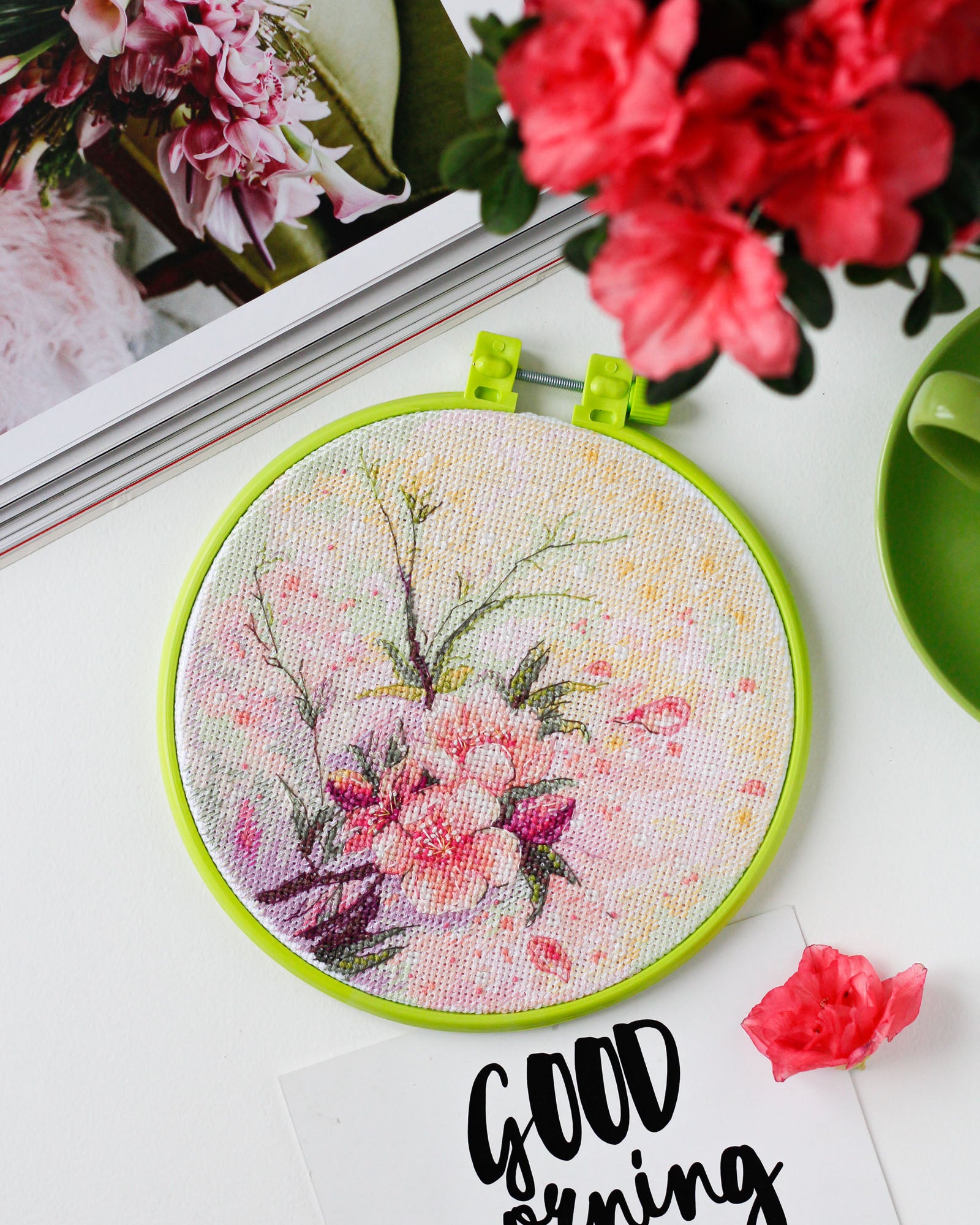Tender Spring Cross-Stitch Kit AHM-042 featuring cotton canvas, colorful floss, and stitching needles.