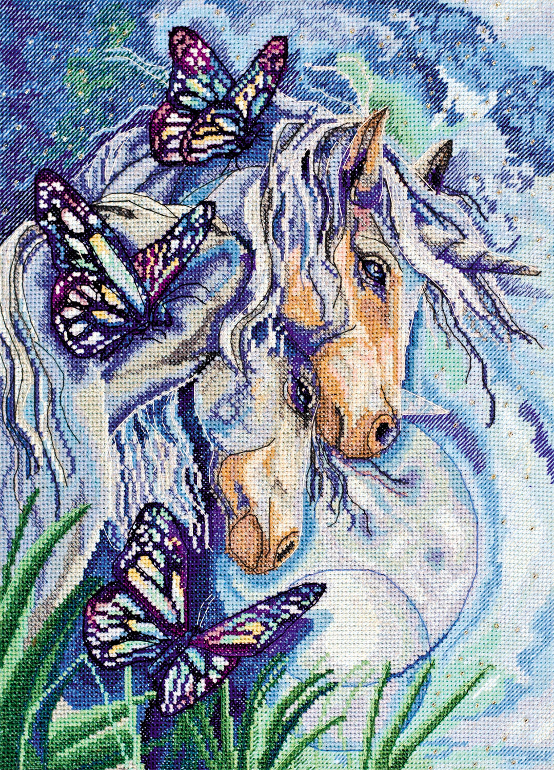 Cross-stitch kit Unicorns AH-033 featuring a blue canvas, colorful threads, and beads for embroidery.