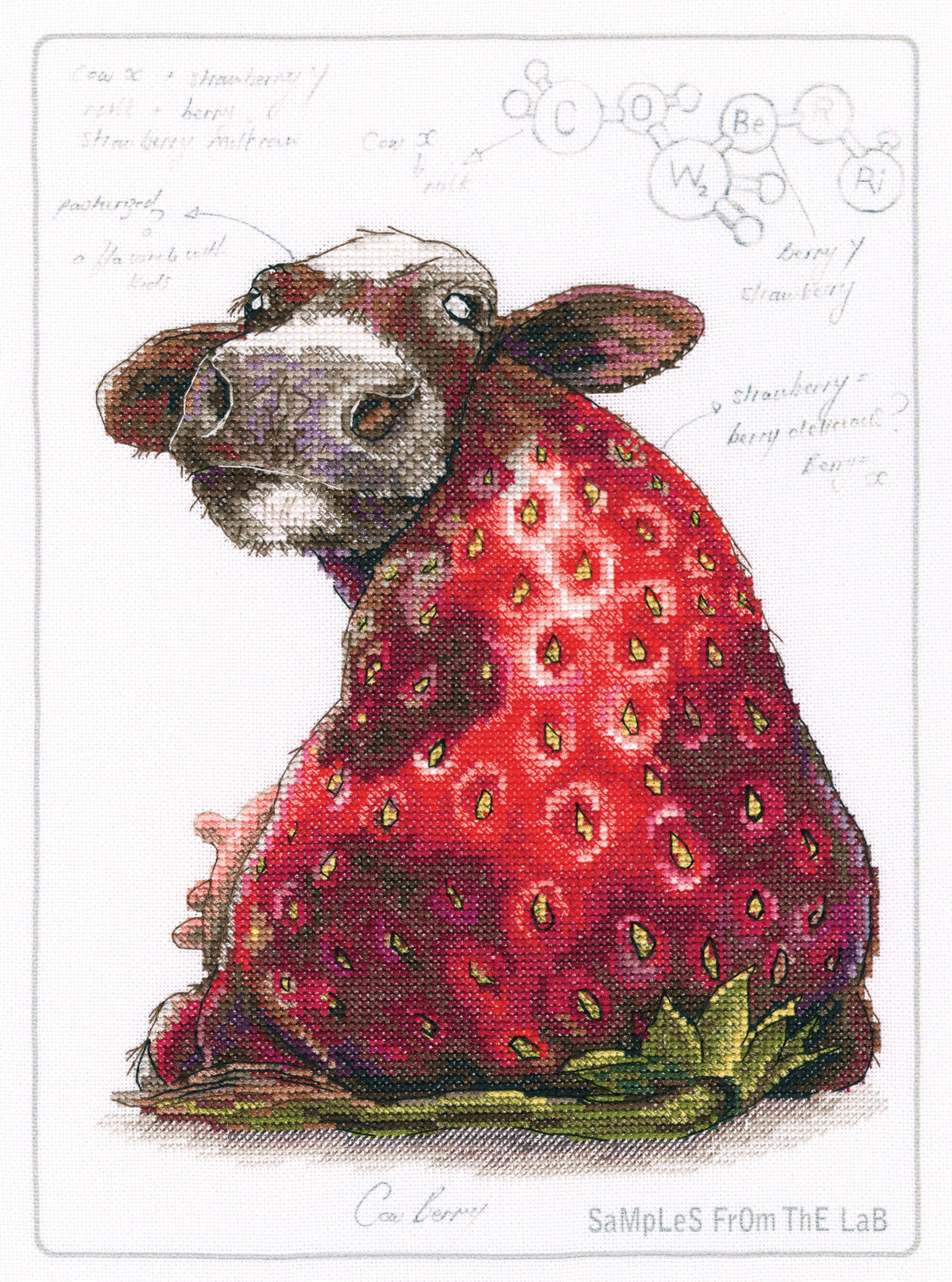 Cross-stitch kit featuring Cow Berry design with printed background, including cotton canvas, DMC threads, and needle.