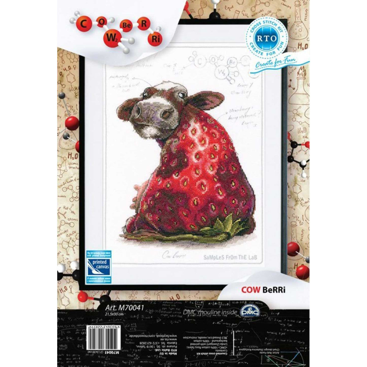 Cross-stitch kit featuring Cow Berry design with printed background, including cotton canvas, DMC threads, and needle.