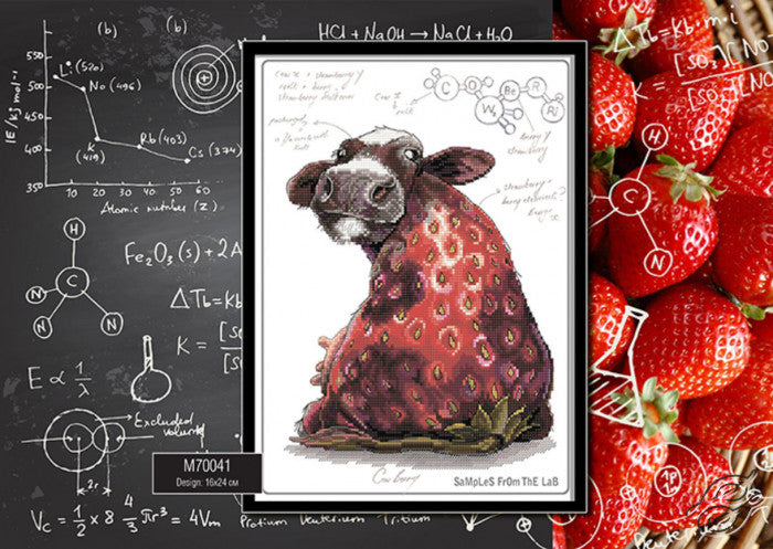 Cross-stitch kit featuring Cow Berry design with printed background, including cotton canvas, DMC threads, and needle.
