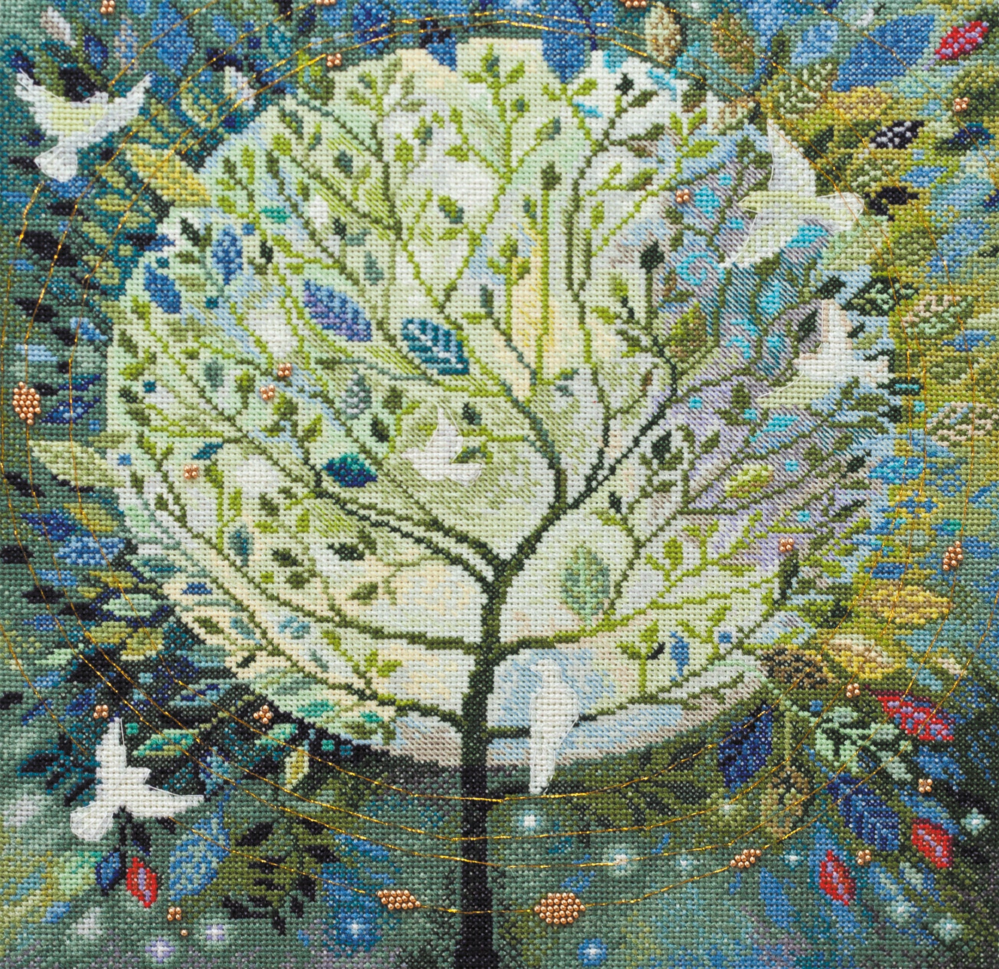 Cross-stitch kit World tree AH-049 featuring cotton canvas, colorful floss, and stitching supplies.
