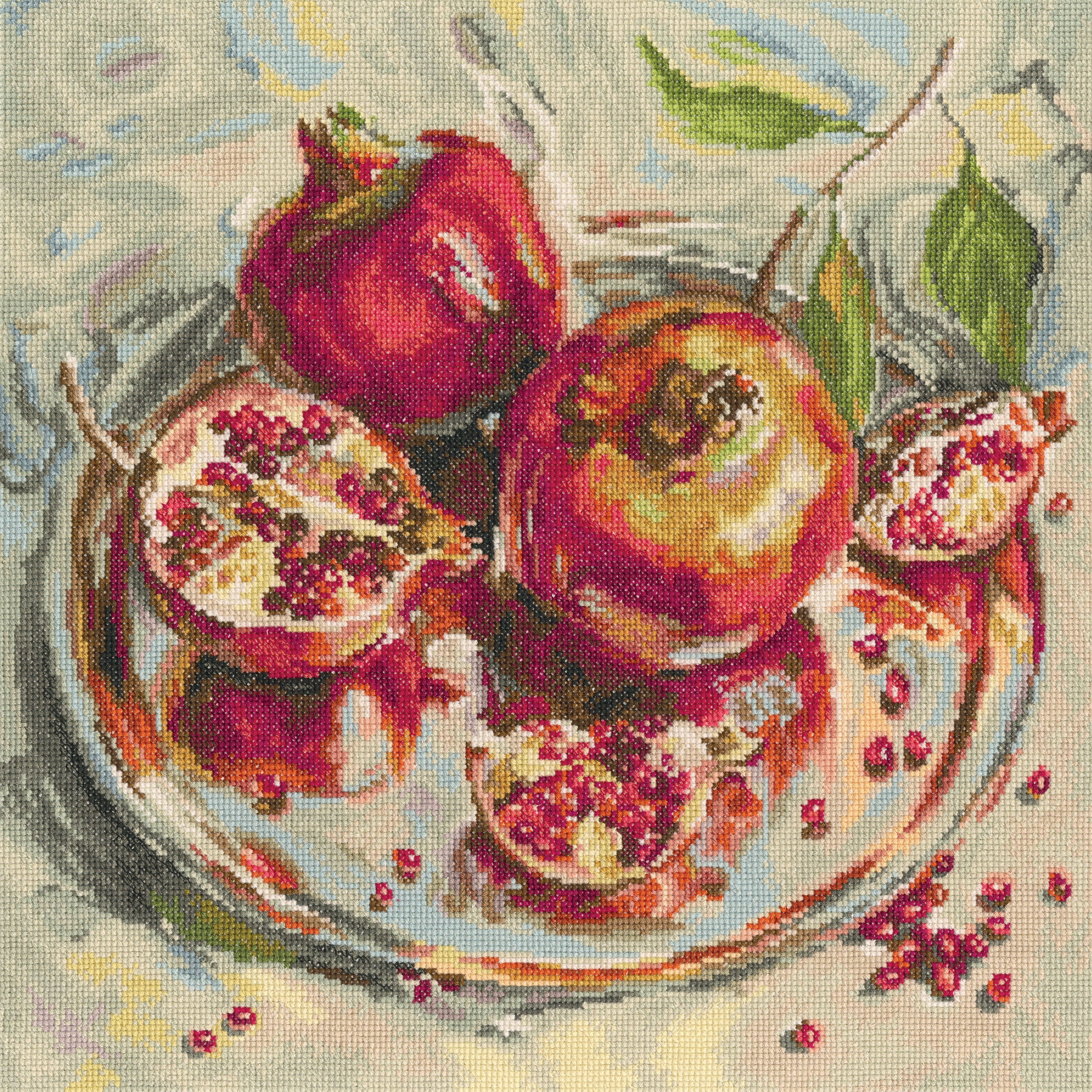 Crowned Fruits M598 Counted Cross Stitch Kit with Aida fabric, DMC threads, and included accessories.