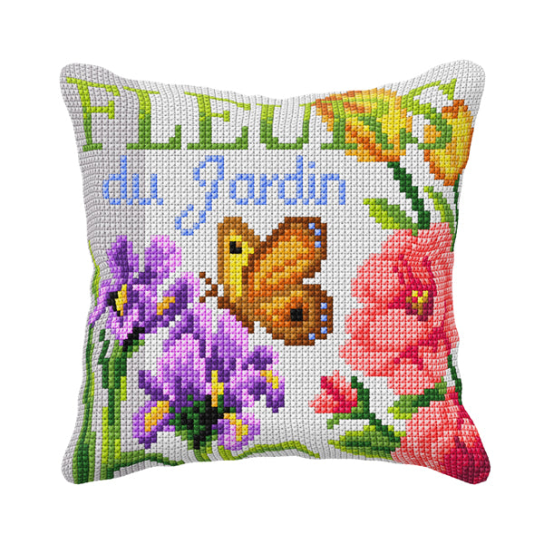 Cushion cross stitch kit featuring a butterfly, irises, and rose design on printed Zweigart canvas with colorful acrylic yarn.