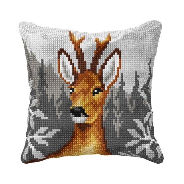 Cushion cross stitch kit featuring a deer design, including printed canvas, yarn, needle, and instructions.