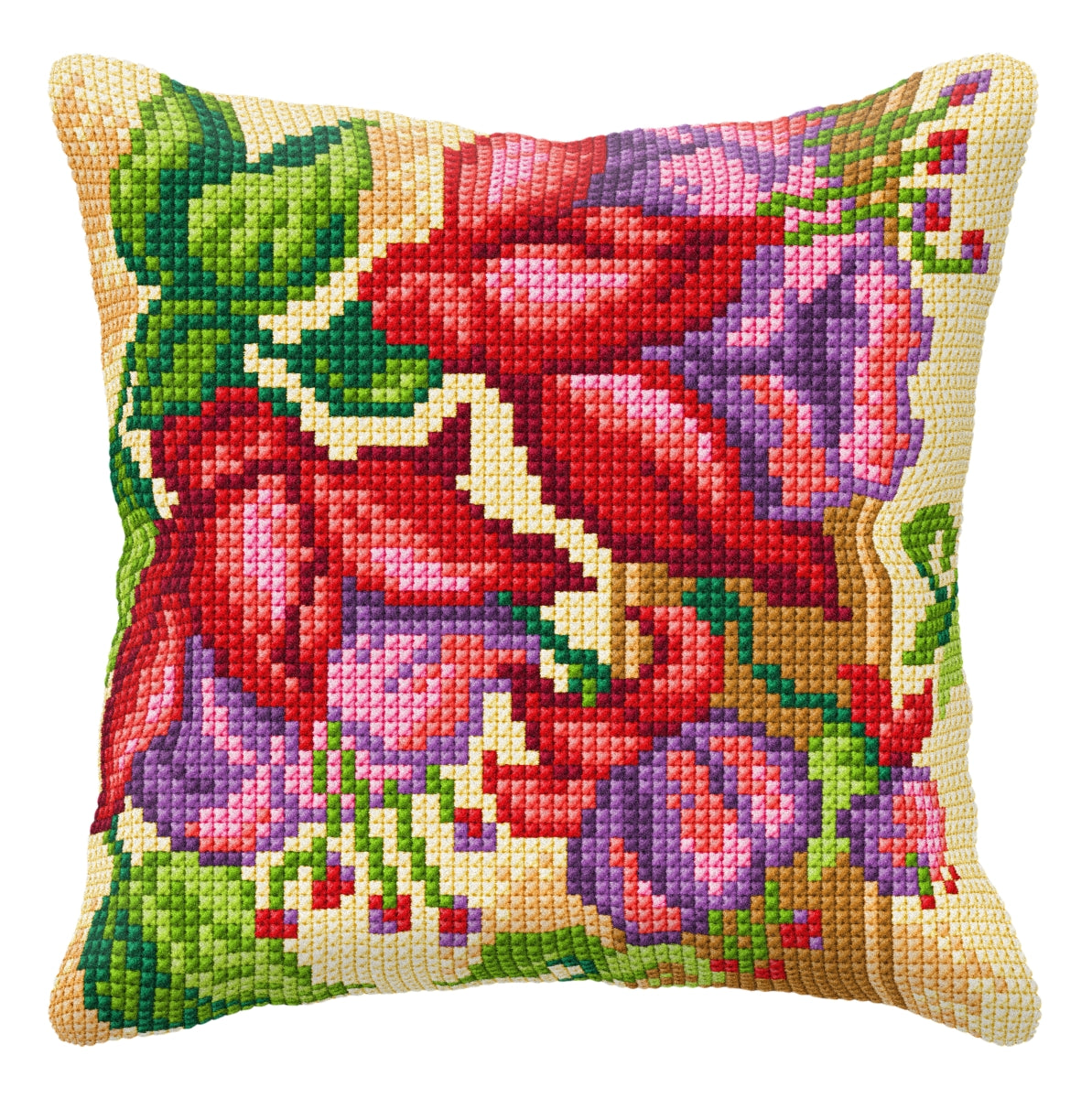 Cushion cross stitch kit featuring exotic flowers design, including printed canvas, colorful yarn, needle, and instructions.