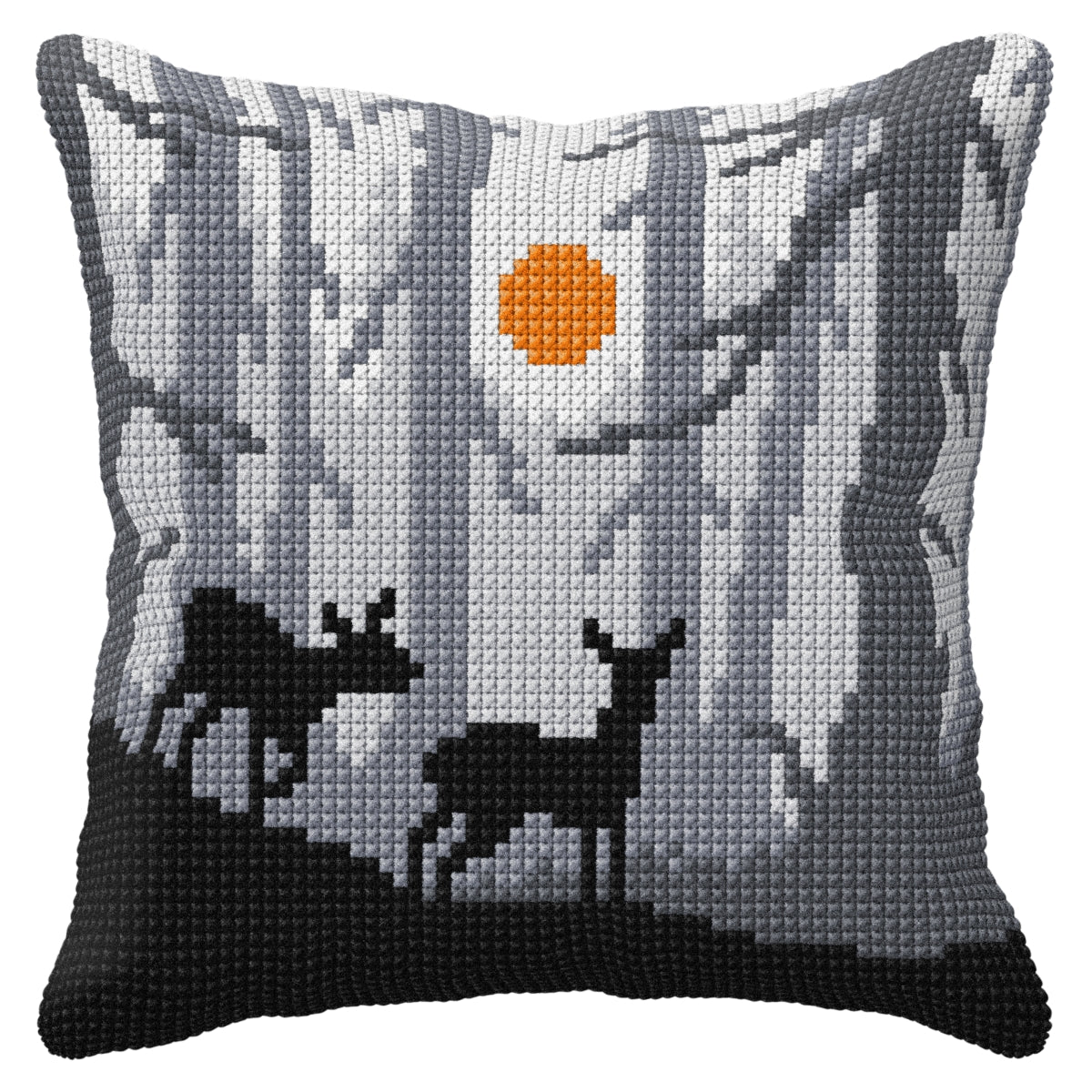Cushion cross stitch kit 'Forest at Night' featuring printed Zweigart canvas, acrylic yarn, and included needle and instructions.