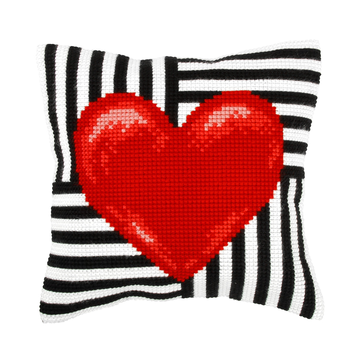 Cushion cross stitch kit featuring a red heart design, including printed canvas, acrylic yarn, needle, and instructions.