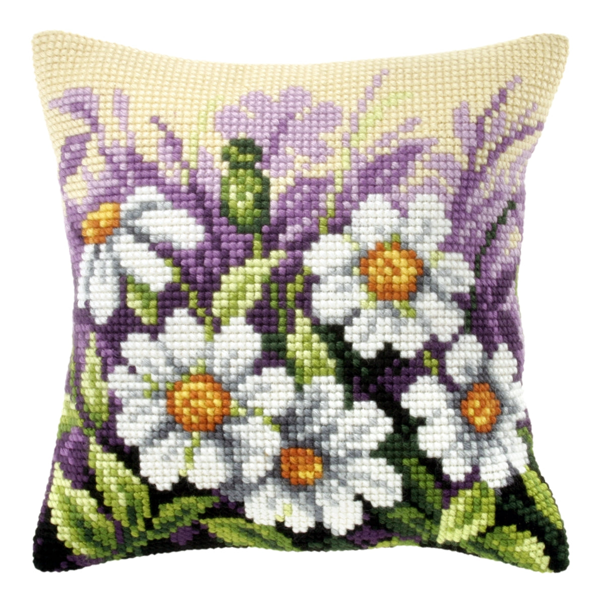 Cushion cross stitch kit featuring white flowers on a meadow, including printed canvas, yarn, needle, and instructions.