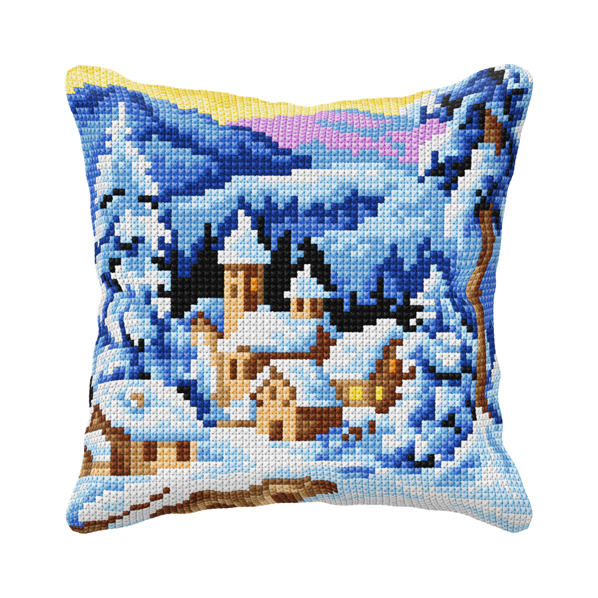 Cushion cross stitch kit featuring a winter village design with printed Zweigart canvas and colorful acrylic yarn.