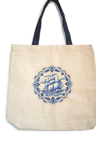 Custom 22" Delft Blue Tall Ship Heavy Duty Natural Canvas Tote with contrasting handles, ideal for beach and everyday use.