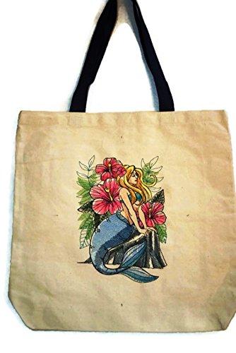 Custom 22" Embroidered Mermaid Splendor HeavyDuty Natural Canvas bag with contrasting handles and spacious design.
