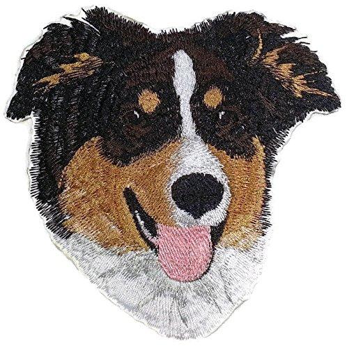 Custom Australian Shepherd Dog face embroidery patch, showcasing intricate details and vibrant colors, suitable for iron-on or sew-on application.