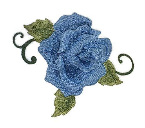 Custom Blue Single Rose Embroidered Patch, 5 inches by 4 inches, showcasing intricate embroidery on a cotton base.