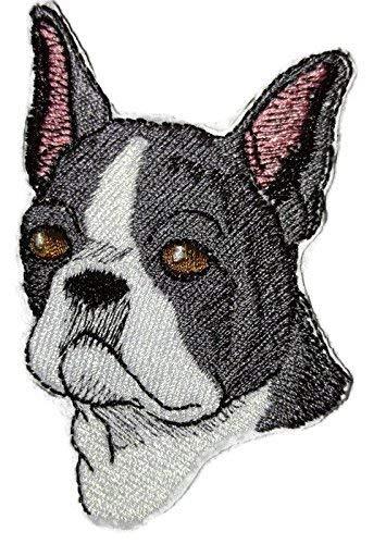 Custom Boston Terrier face embroidery patch, 3x2.5 inches, featuring vibrant colors and intricate details, perfect for iron-on or sew-on applications.
