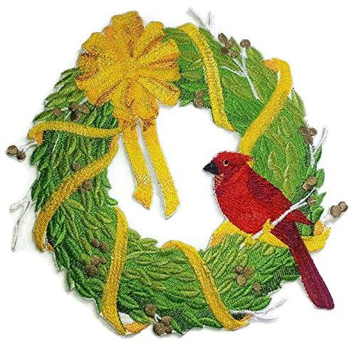 Custom Cardinal Wreath Embroidered Patch, 8x8 inches, featuring vibrant colors and intricate embroidery on a cotton base.