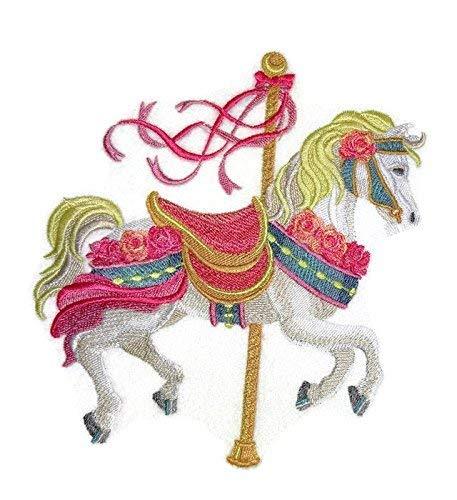 Custom Carousel Horse Embroidery Patch featuring intricate designs, measuring 8.82" x 6.86", suitable for iron-on or sew-on applications.