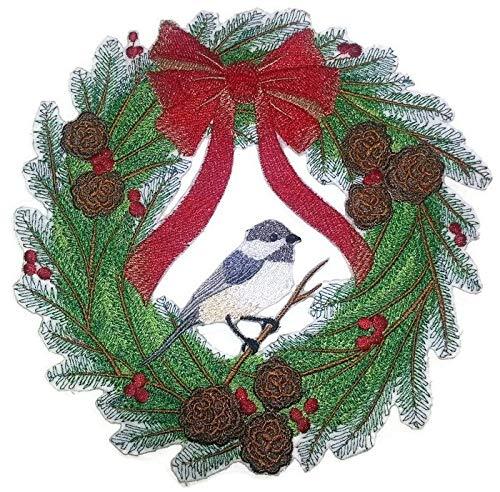 Custom Chickadee Dee Wreath embroidered patch, 8 inches by 8 inches, featuring vibrant colors and intricate embroidery on a cotton base.