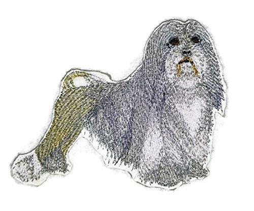 Custom Lowchen dog portrait embroidery patch, 4.5 inches, featuring vibrant colors and intricate stitching on a durable cotton base.