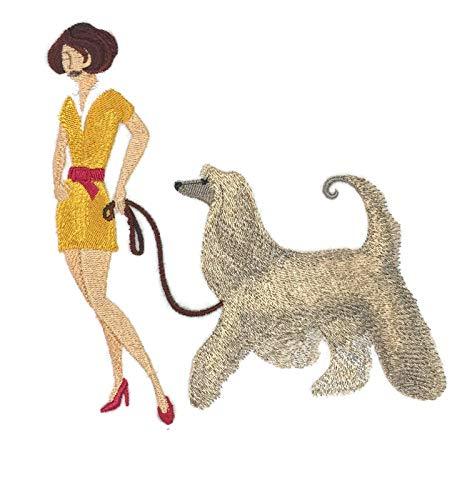 Custom embroidered patch featuring a Fashionista and Afghan Hound design, suitable for iron-on or sew-on application.