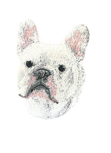 Custom embroidered patch featuring a French Bulldog portrait, measuring 3.5 inches by 4 inches, suitable for iron-on or sew-on application.