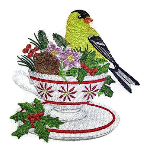 Custom embroidered patch featuring a goldfinch and Christmas tea design, ideal for garments.