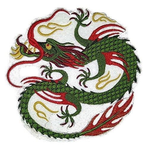 Custom Green Chinese Dragon embroidered patch, 6 inches by 6 inches, showcasing intricate embroidery and vibrant colors.