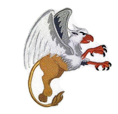 Custom Griffin Dragon Embroidery Patch, 7 inches by 5.7 inches, showcasing intricate design and vibrant colors on a cotton base.