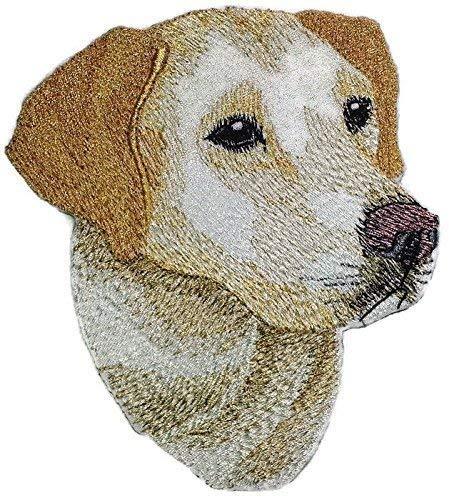 Custom Labrador Retriever dog face embroidery patch, showcasing detailed stitching and vibrant colors, suitable for iron-on or sew-on application.