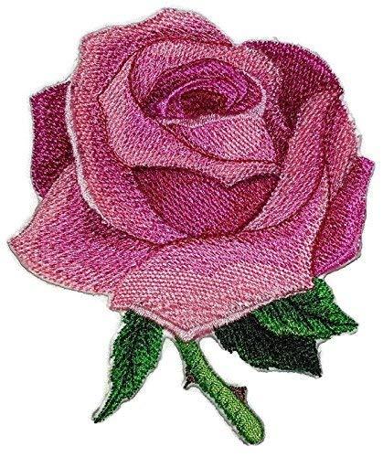 Custom Pink Single Romantic Rose Embroidered Patch, showcasing vibrant pink rose design on a cotton base, ideal for garments.