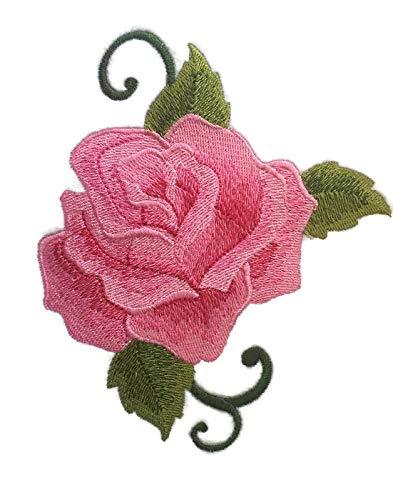 Custom Pink Single Rose Embroidered Patch, 5 inches by 4 inches, showcasing intricate embroidery on a cotton base.