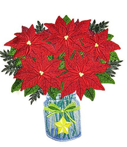 Custom embroidered patch featuring vibrant poinsettias in a mason jar, ideal for iron-on or sewing applications.