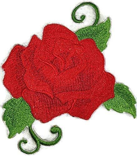 Custom Red Single Rose Embroidered Patch showcasing vibrant red rose design on a cotton base, ideal for iron-on or sewing applications.