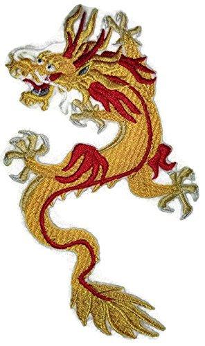Custom yellow dragon embroidery patch with intricate details, suitable for iron-on or sew-on application.