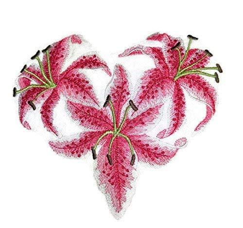 Custom Heart of Lilies embroidered patch with vibrant colors and intricate design, suitable for iron-on or sew application.