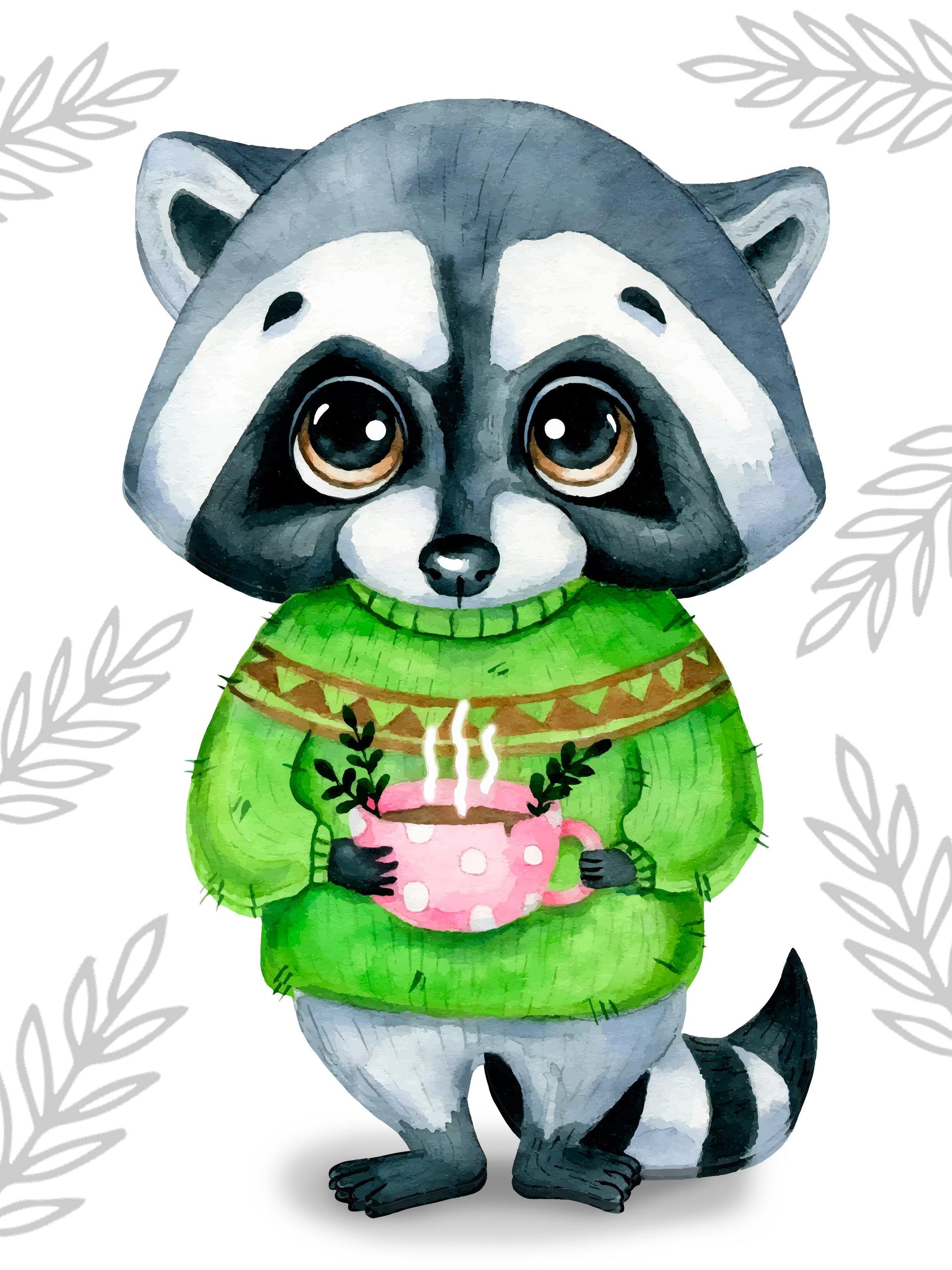 Cute Racoon CS2701 diamond painting kit with self-adhesive canvas, acrylic diamonds, and crafting tools.