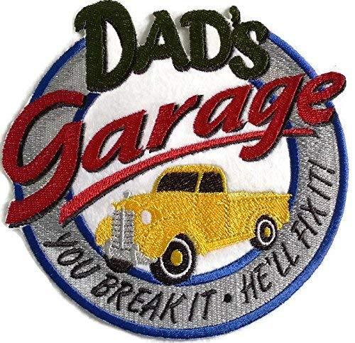 Dad's Garage Sign embroidered patch, featuring vibrant colors and high-quality stitching, perfect for iron-on or sewing applications.