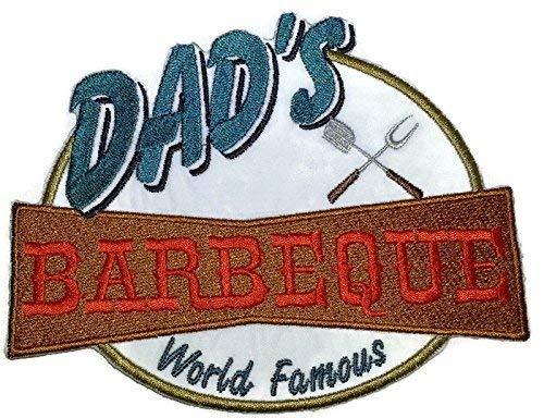 Dad's World Famous BBQ embroidered patch, featuring vibrant colors and intricate design, perfect for iron-on or sew-on applications.
