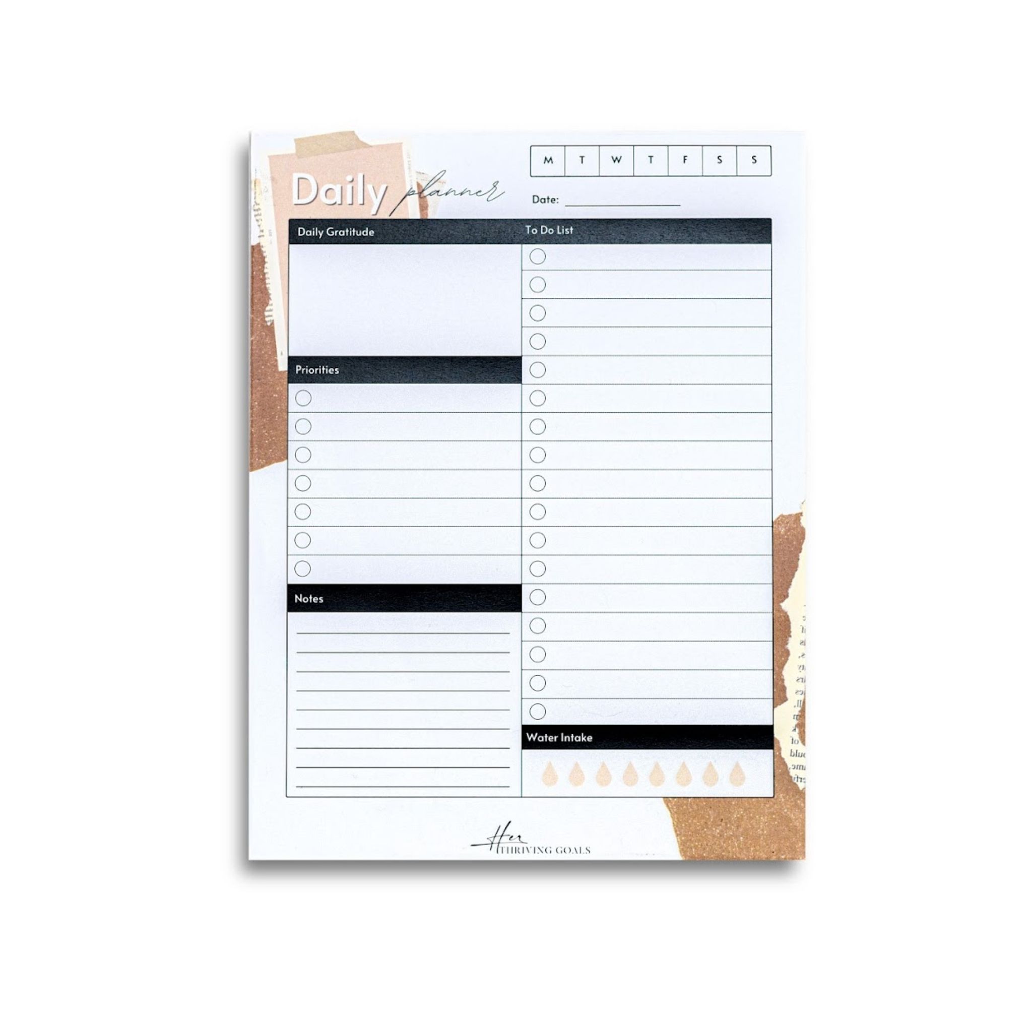 A Daily Planner featuring tear-off sheets, daily gratitude, water intake tracking, and notes section, designed for effective organization.