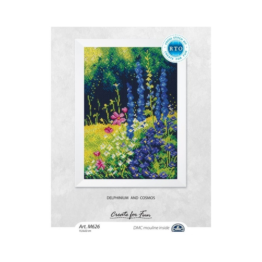 Delphinium and Cosmos M626 Counted Cross Stitch Kit with navy Aida fabric, DMC threads, and included tools.