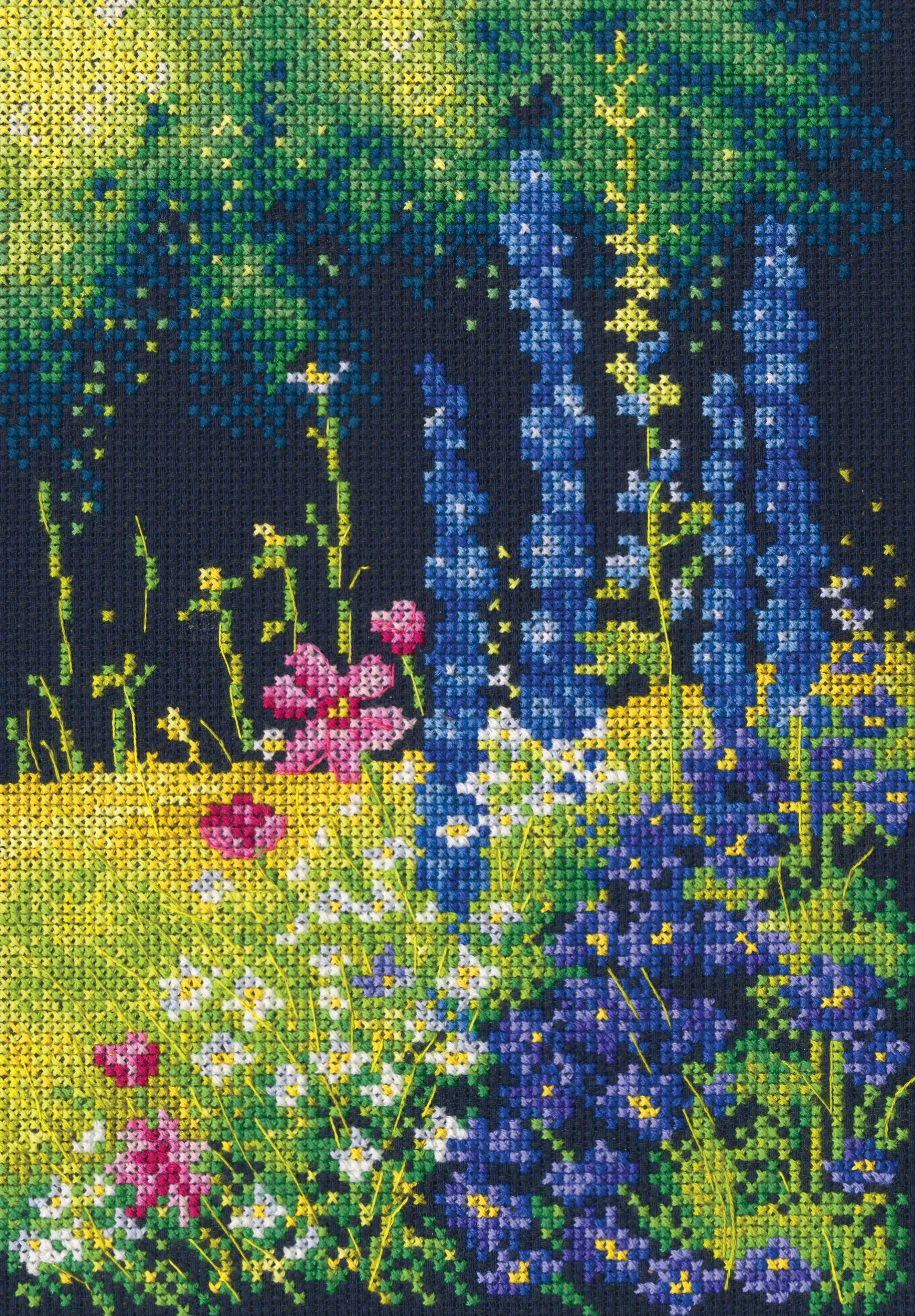 Delphinium and Cosmos M626 Counted Cross Stitch Kit with navy Aida fabric, DMC threads, and included tools.