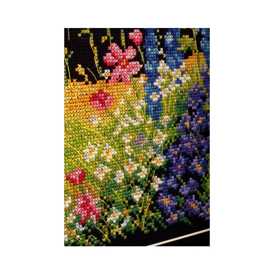 Delphinium and Cosmos M626 Counted Cross Stitch Kit with navy Aida fabric, DMC threads, and included tools.