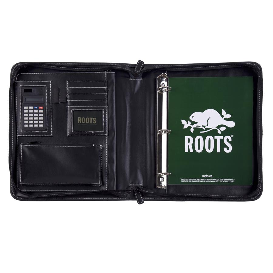 Deluxe Binder with 2 Zipper Rounds showcasing credit card slots, file dividers, and a calculator, designed for professional organization.