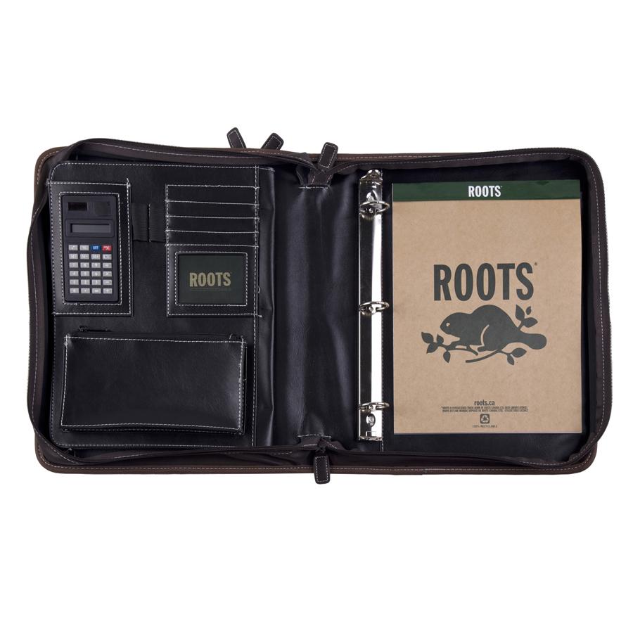 Deluxe Binder with 2 Zipper Rounds showcasing credit card slots, file dividers, and a calculator, designed for professional organization.