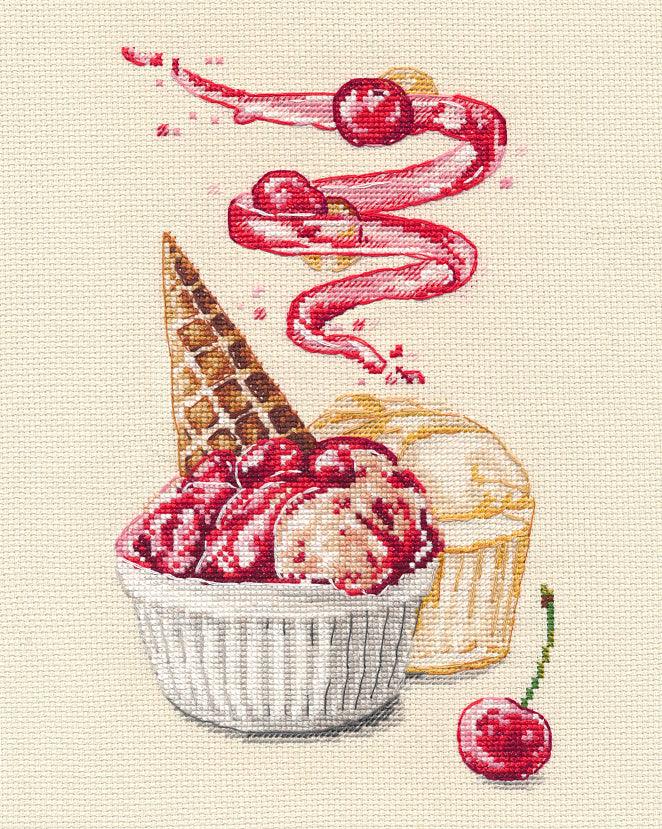 Dessert 1446 Counted Cross Stitch Kit featuring a design of vanilla ice cream with cherries on Zweigart canvas.