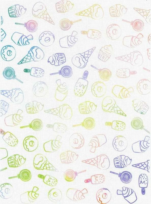 Designer Printed AIDA Canvas featuring colorful ice cream and sweets patterns, perfect for cross stitch projects.
