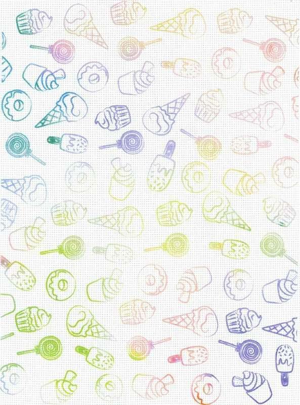 Designer Printed AIDA Canvas featuring colorful ice cream and sweets patterns, perfect for cross stitch projects.