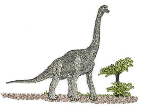 Embroidered Brachiosaurus patch, featuring intricate details and vibrant colors, measuring 6.85 inches by 5 inches, suitable for iron-on or sewing.
