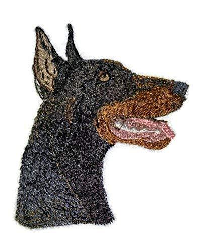 Doberman Pinscher black dog face embroidery patch, showcasing intricate details and vibrant colors, perfect for iron-on or sew-on applications.