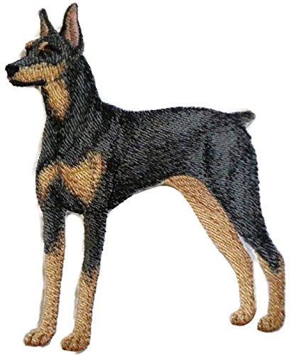 Doberman Pinscher dog embroidery patch, iron-on or sew-on, featuring vibrant colors and intricate details.